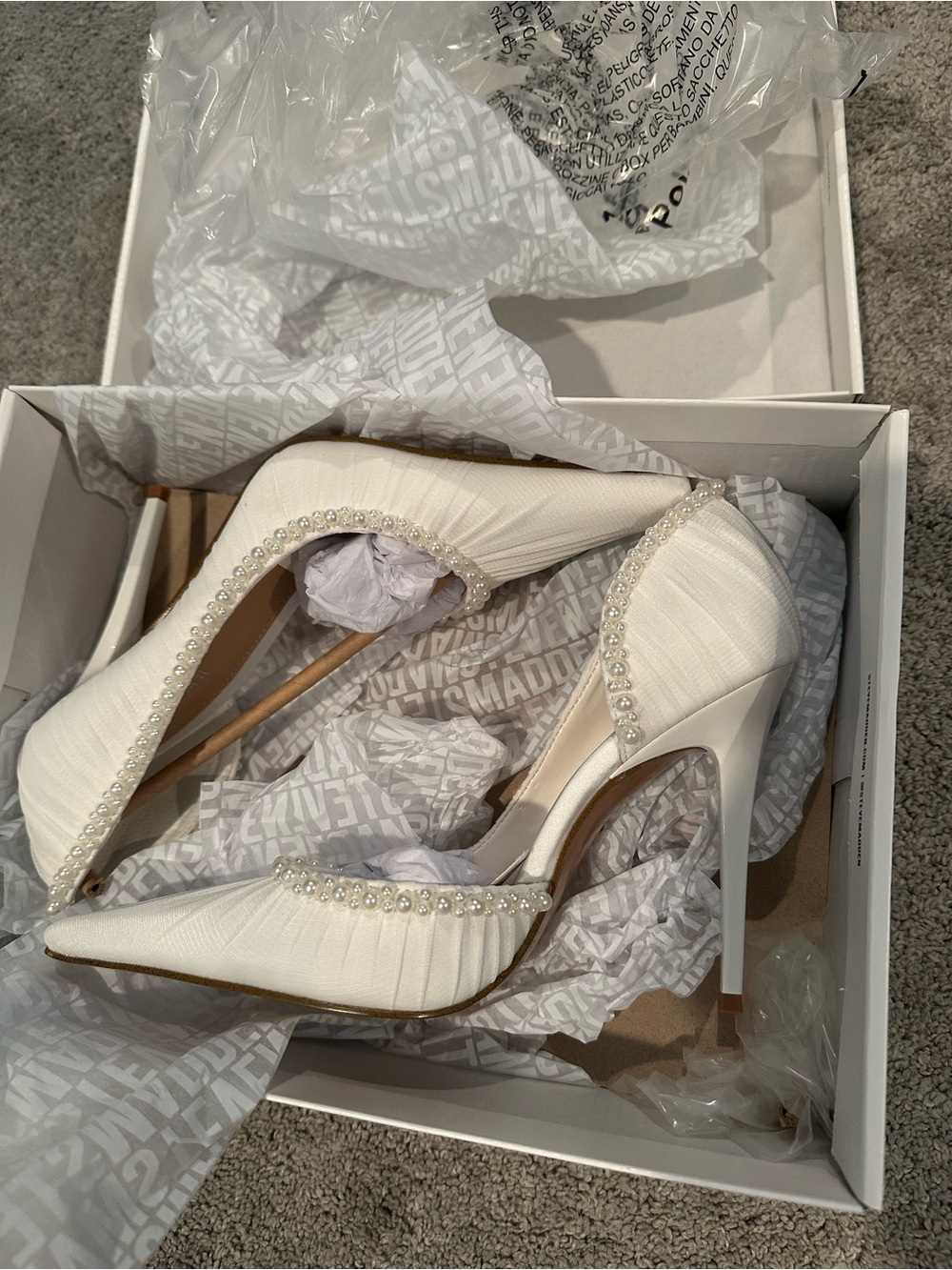 Steve Madden White Pearl-Embellished Pointed Toe Stilettos